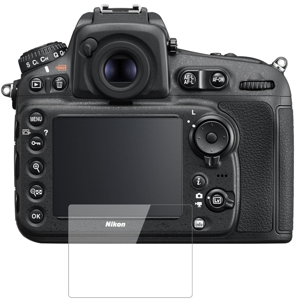 NikonD810A mit aufgebrachter dipos Flex Schutzfolie, glasklare Darstellung ohne Einschränkungen