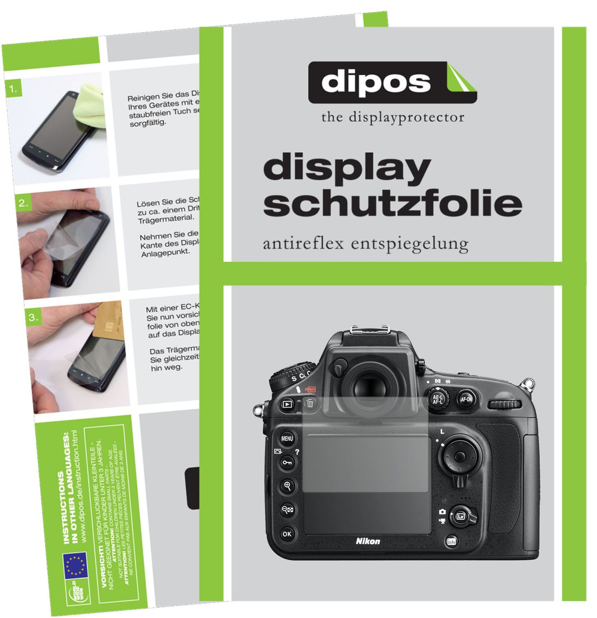 Matte Displayschutzfolie von dipos passend für Nikon D810E, präziser Zuschnitt und blasenfrei montiert