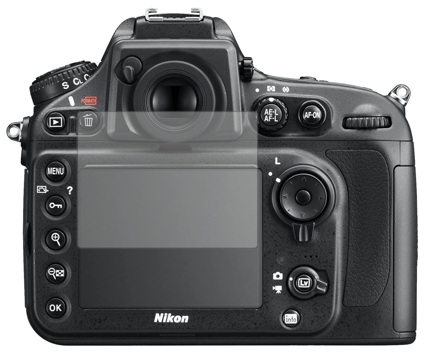NikonD810E mit aufgebrachter dipos Displayschutzfolie, die lästige Fingerabdrücke minimiert