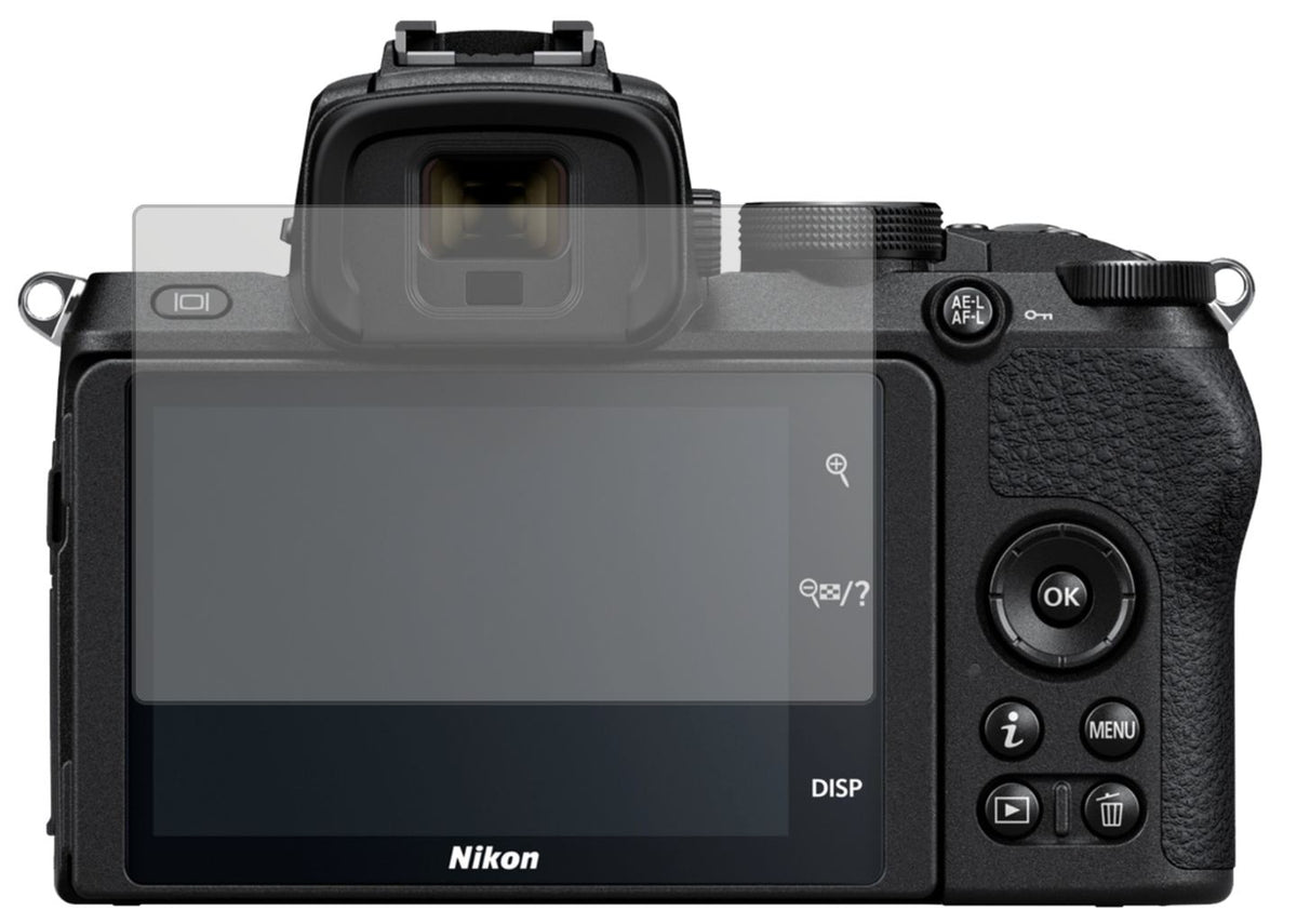 NikonZ50 mit aufgebrachter dipos Displayschutzfolie, die lästige Fingerabdrücke minimiert
