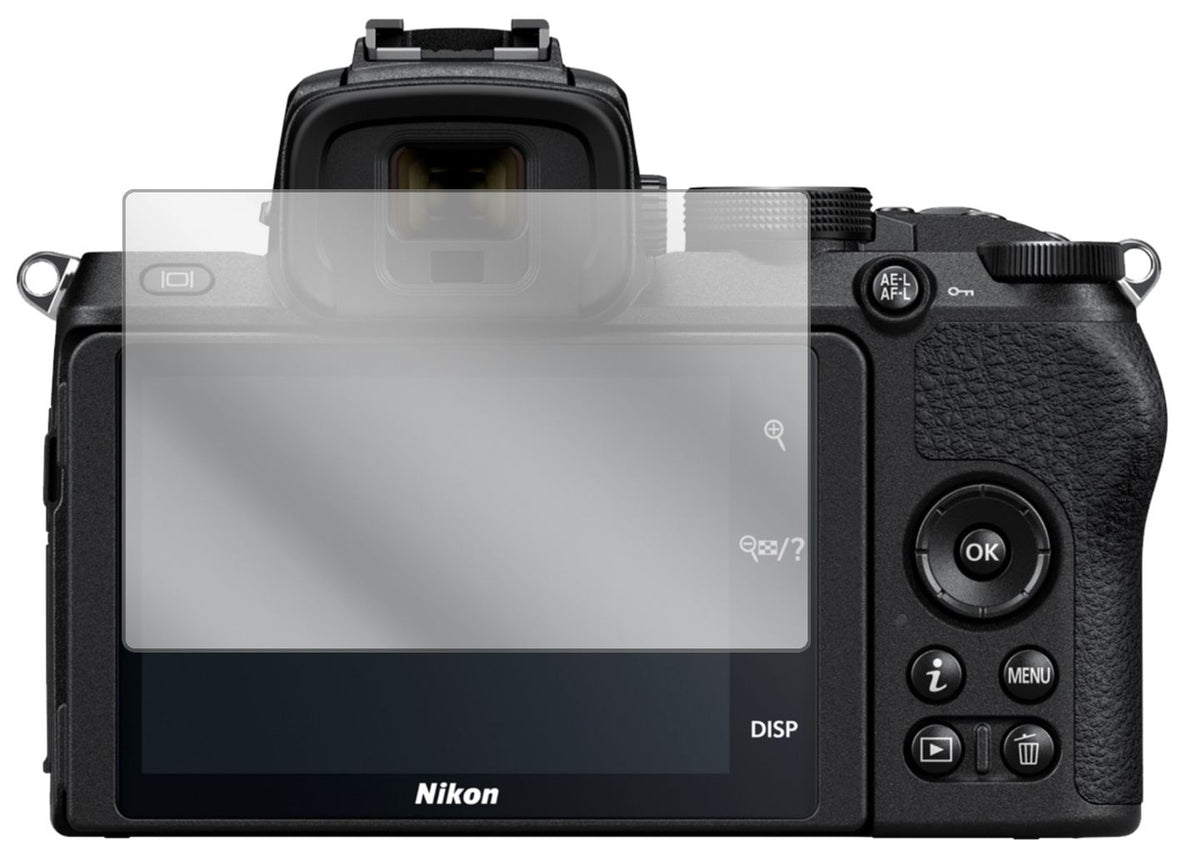 NikonZ50 mit aufgebrachter dipos Displayschutzfolie, glasklare Darstellung ohne Einschränkungen