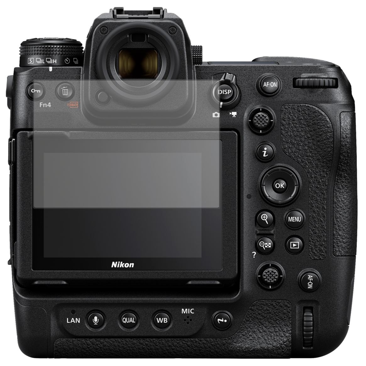 NikonZ9 mit aufgebrachter dipos Displayschutzfolie, die lästige Fingerabdrücke minimiert
