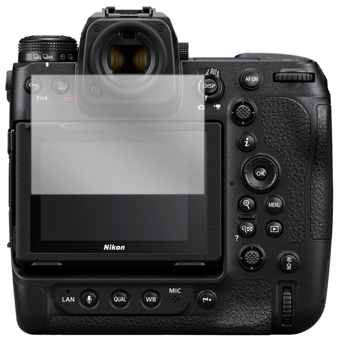 NikonZ9 mit aufgebrachter dipos Displayschutzfolie, glasklare Darstellung ohne Einschränkungen