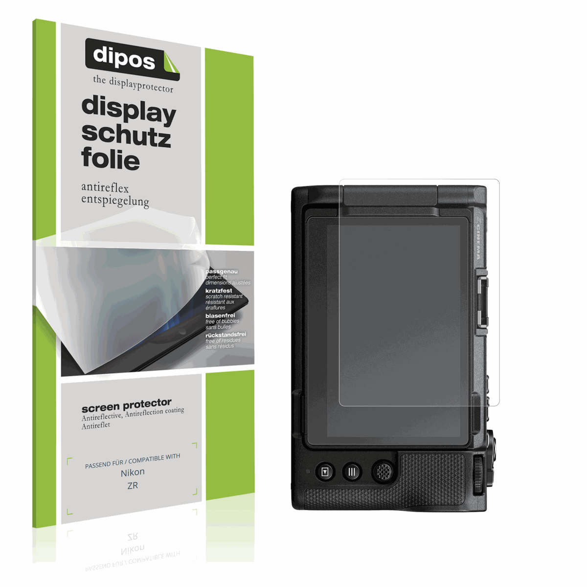 Matte Displayschutzfolie von dipos passend für Nikon ZR, präziser Zuschnitt und blasenfrei montiert