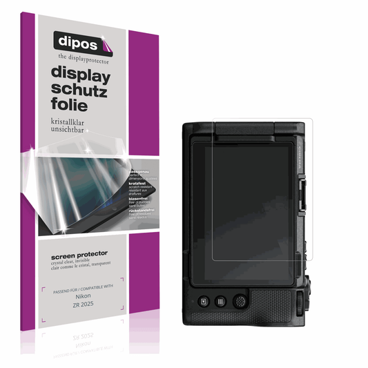Klare Displayschutzfolie von dipos passend für Nikon ZR 2025, präziser Zuschnitt und blasenfrei montiert
