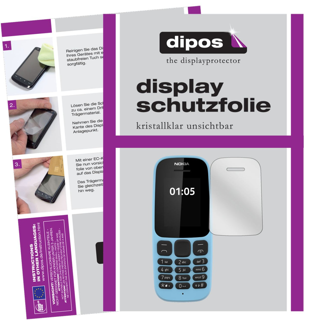 Klare Displayschutzfolie von dipos passend für Nokia 105 (2019), präziser Zuschnitt und blasenfrei montiert