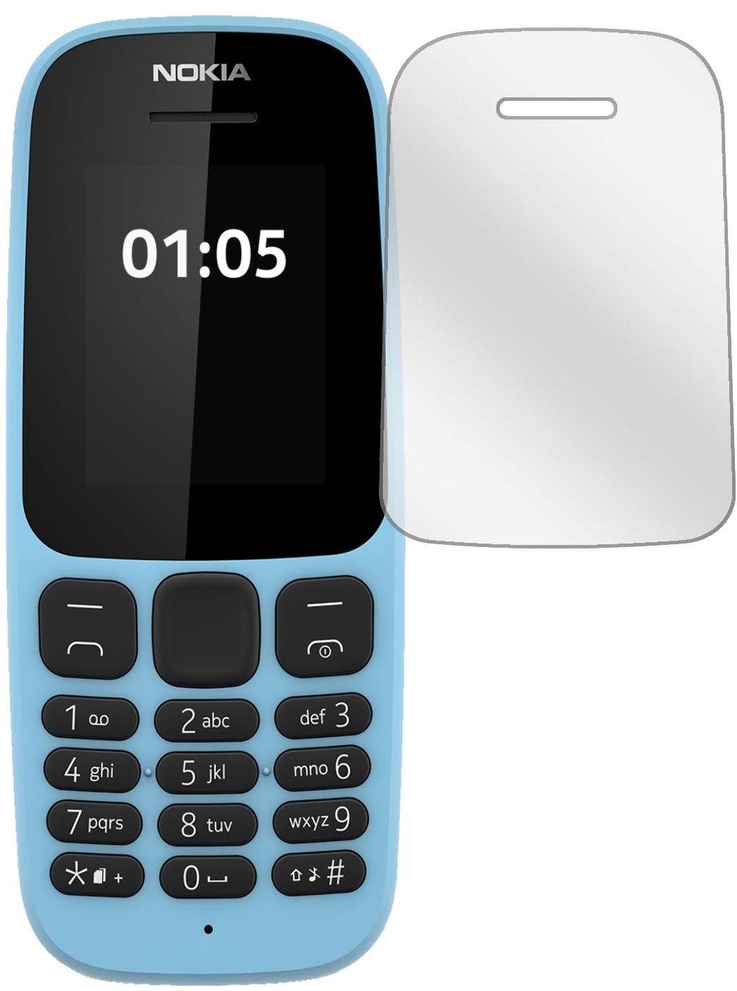 Nokia105 (2019) mit aufgebrachter dipos Displayschutzfolie, glasklare Darstellung ohne Einschränkungen