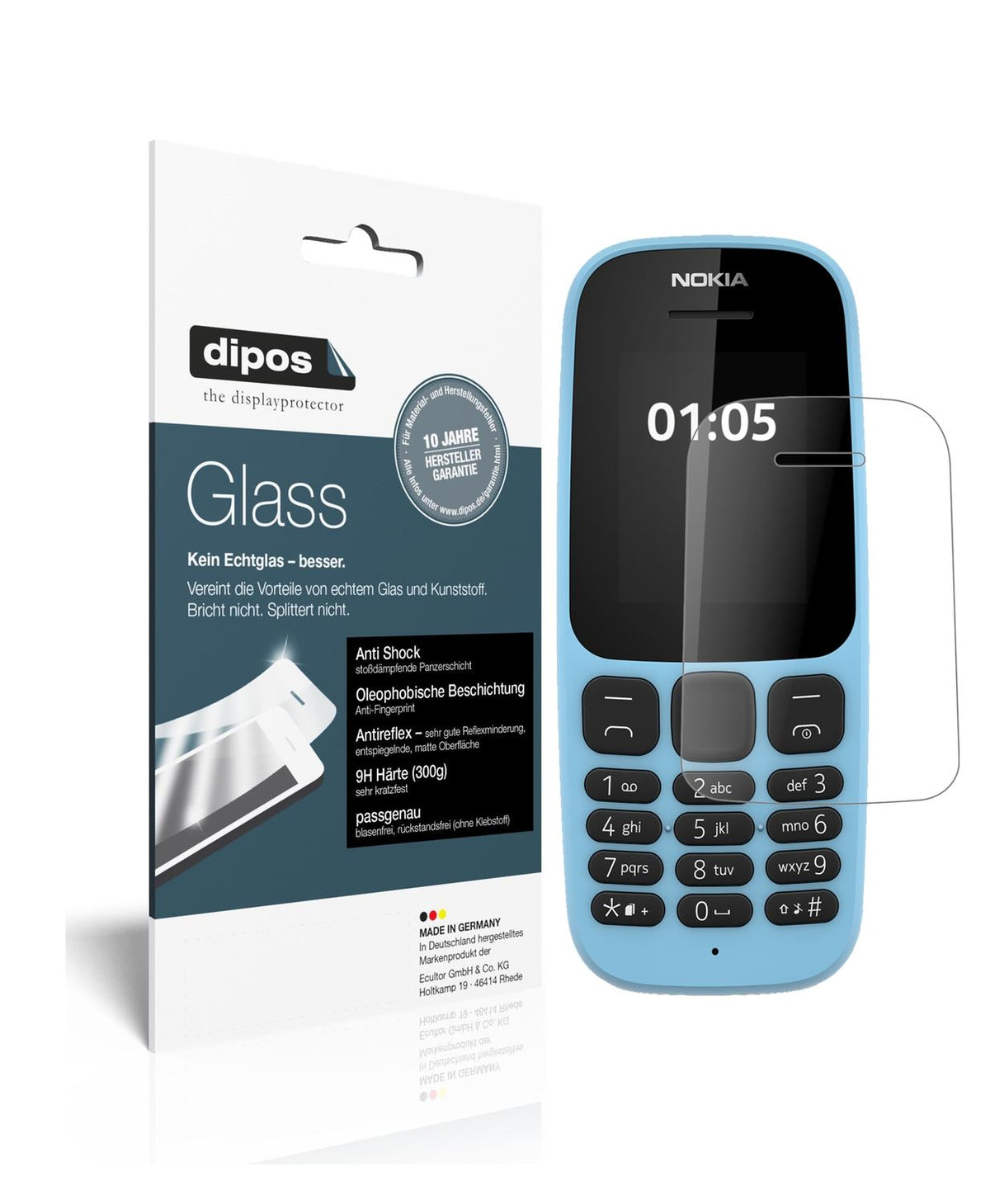 Matte Displayschutzfolie von dipos passend für Nokia 105 (2019), 9H kratzfest und blasenfrei montiert