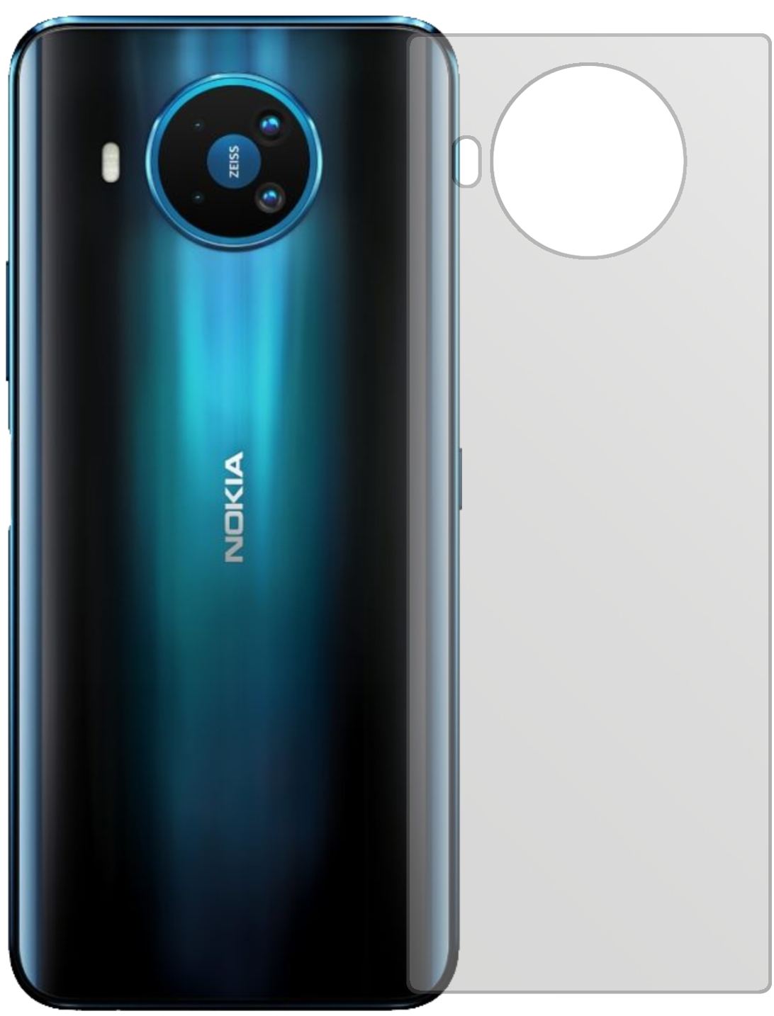 Nokia8.3 Rückseite mit aufgebrachter dipos Displayschutzfolie, die lästige Fingerabdrücke minimiert