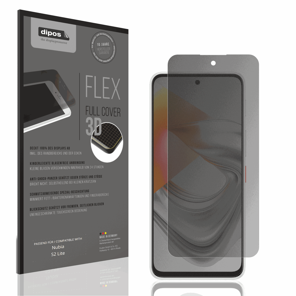 Blickschutzfolie von dipos passend für Nubia S2 Lite, 100% Displayabdeckung und blasenfreie Montage