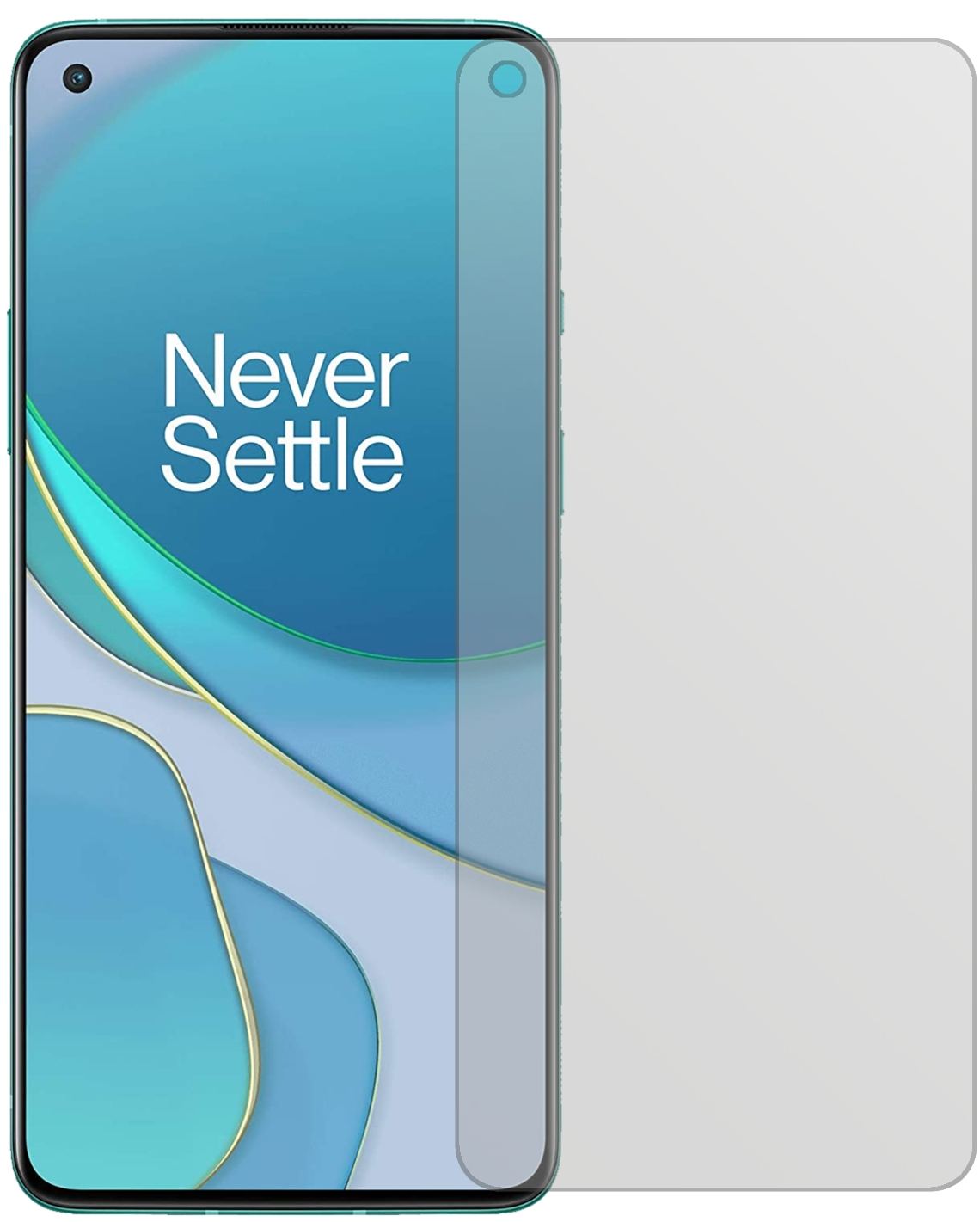 OnePlus8T mit aufgebrachter dipos Displayschutzfolie, die lästige Fingerabdrücke minimiert