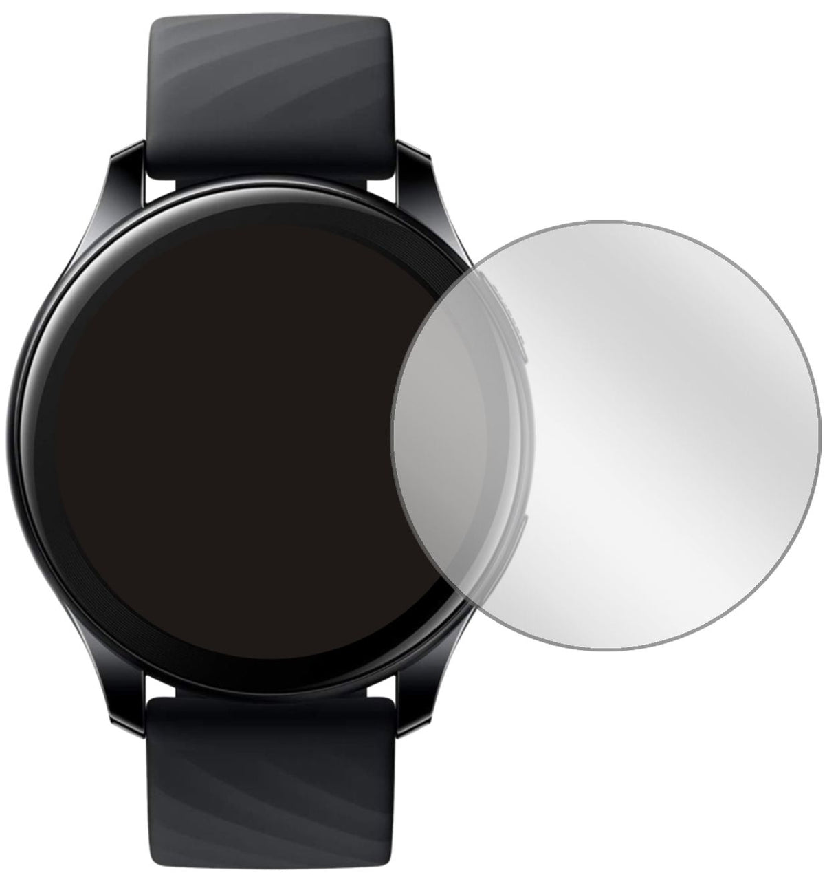 OnePlusWatch (46mm) mit aufgebrachter dipos Displayschutzfolie, glasklare Darstellung ohne Einschränkungen