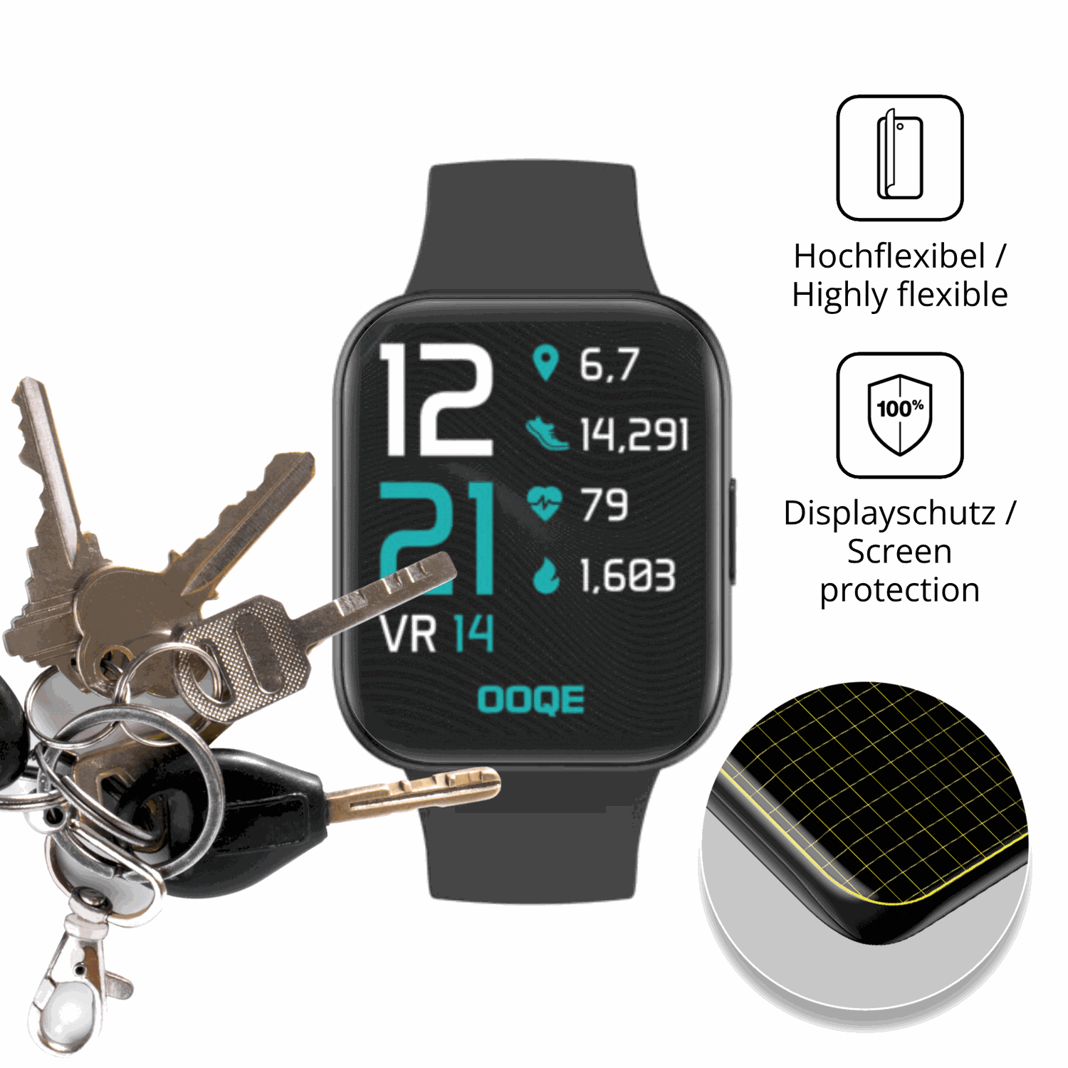 dipos Displayschutz für OOQE Watch 2, transparente Oberfläche, perfekte Passform auch für die Rundungen