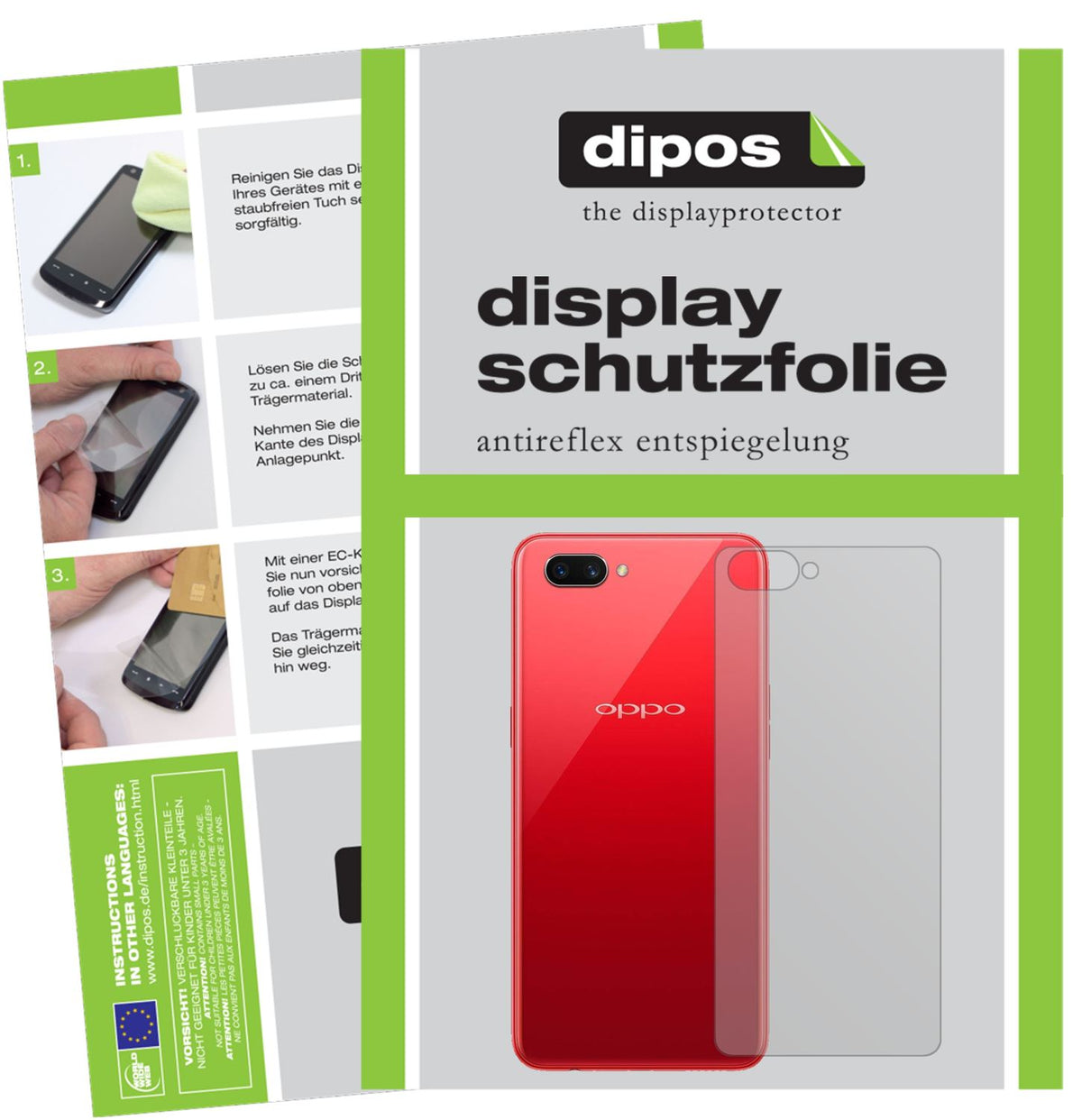 Matte Displayschutzfolie von dipos passend für OPPO A3S Rückseite, präziser Zuschnitt und blasenfrei montiert