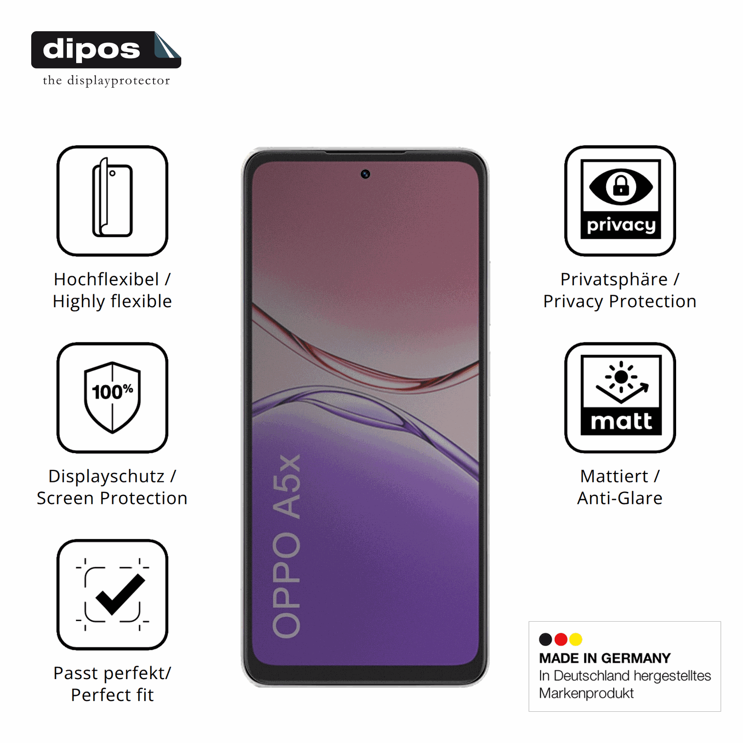 Flexible TPU-Folie passend zugeschnitten für Oppo A5x, mit Privatsphäre-Schutz durch Sichtschutz-Folie