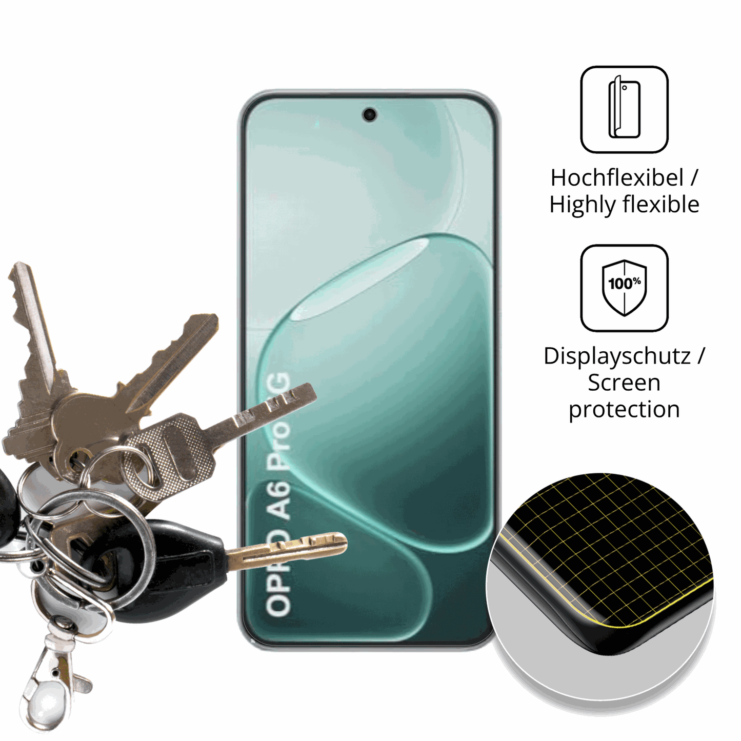dipos Displayschutz für Oppo A6i Plus 5G, transparente Oberfläche, perfekte Passform auch für die Rundungen