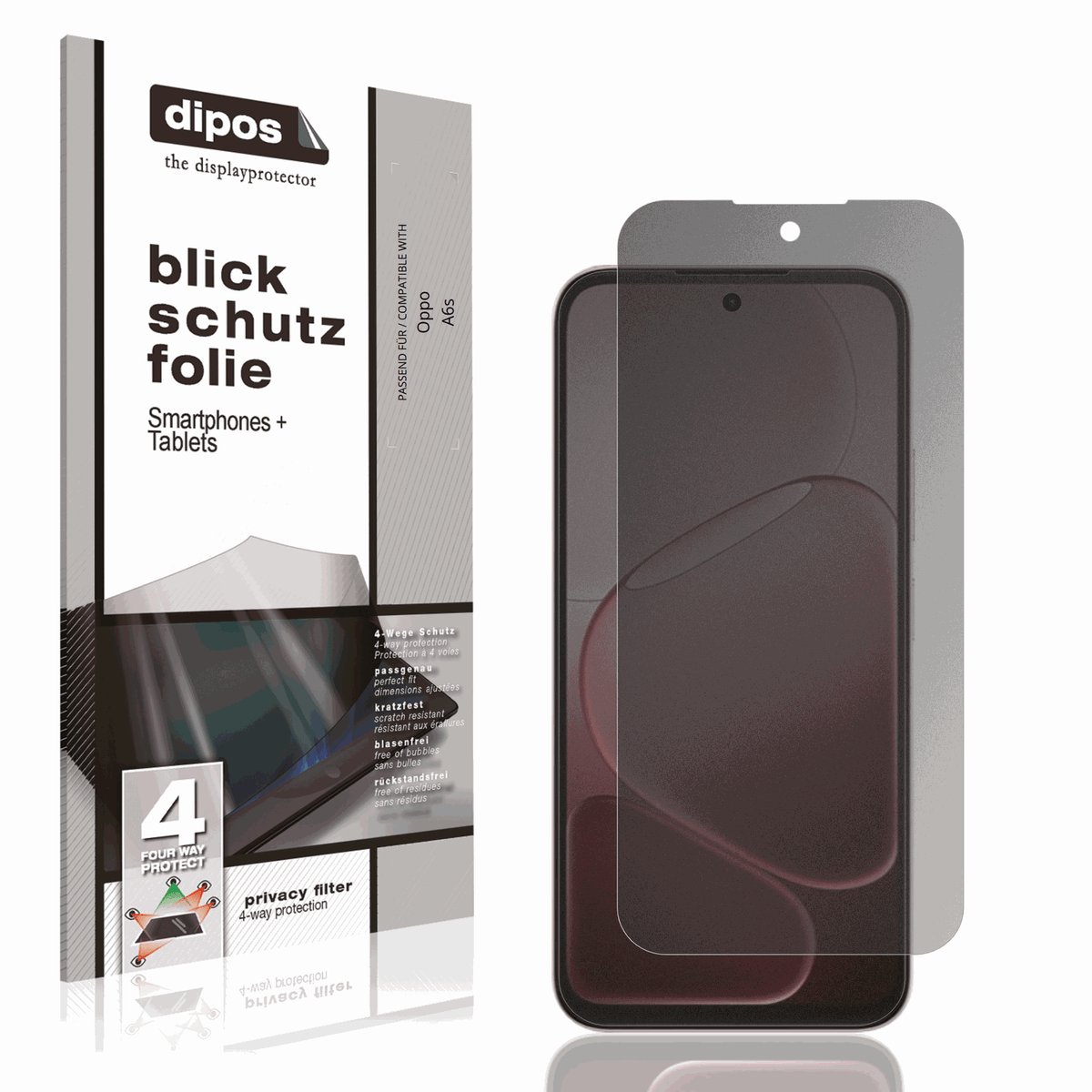 Blickschutzfolie von dipos passend für Oppo A6s, präziser Zuschnitt und blasenfrei montiert