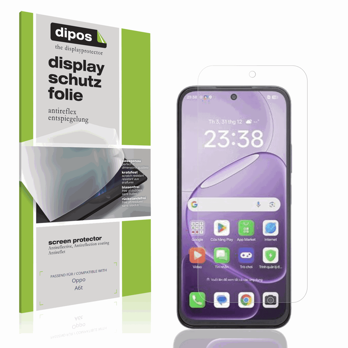 Matte Displayschutzfolie von dipos passend für Oppo A6t, präziser Zuschnitt und blasenfrei montiert