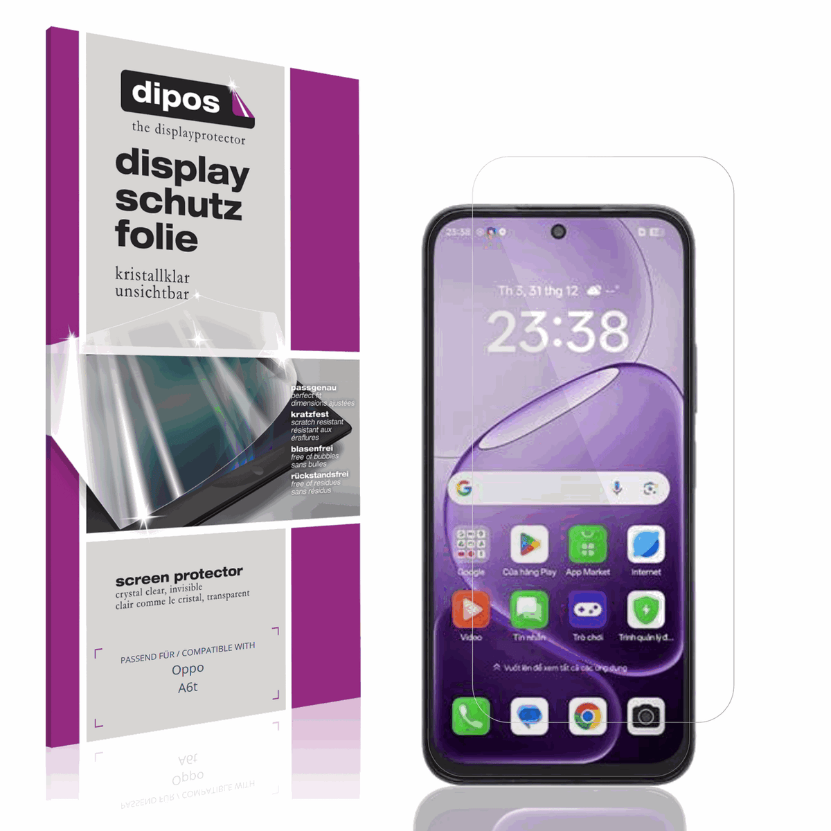 Klare Displayschutzfolie von dipos passend für Oppo A6t, präziser Zuschnitt und blasenfrei montiert