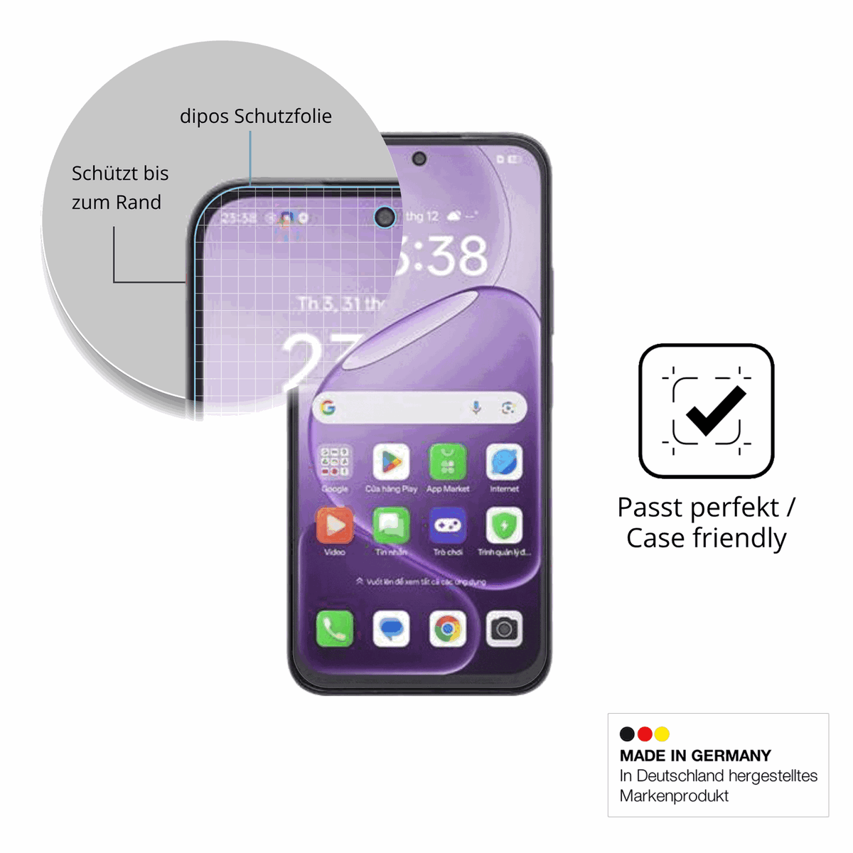 Schutzglasfolie mit optimaler Passform, zur Verwendung mit Hüllen geeignet