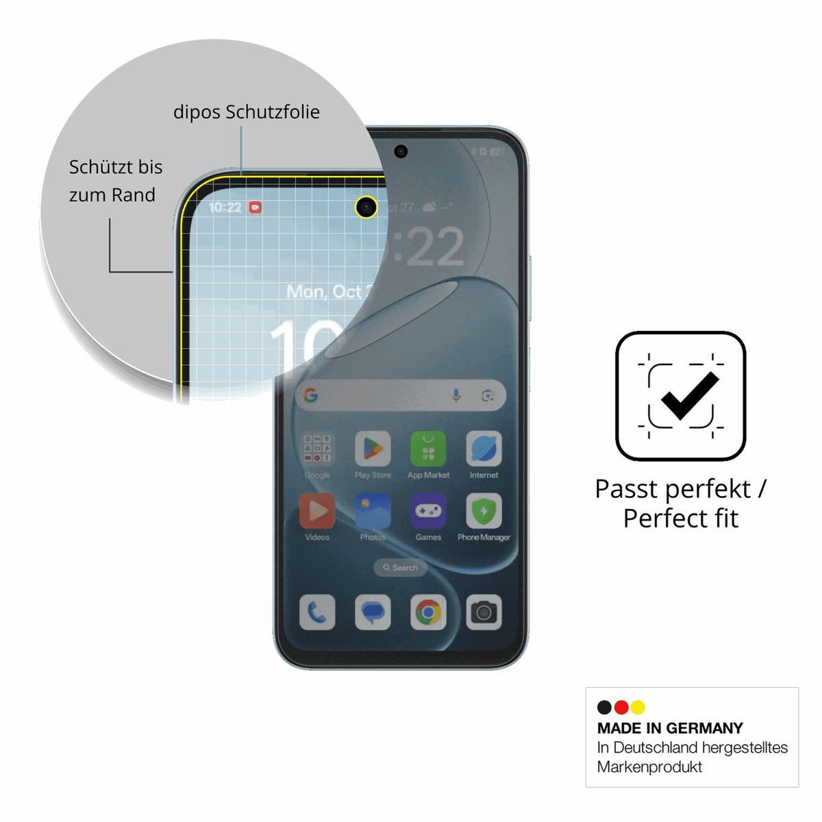 Schutz gegen Kratzer auf dem Oppo A6x Glas durch Schlüssel, Stöße gegen die Tischkante oder Stürze