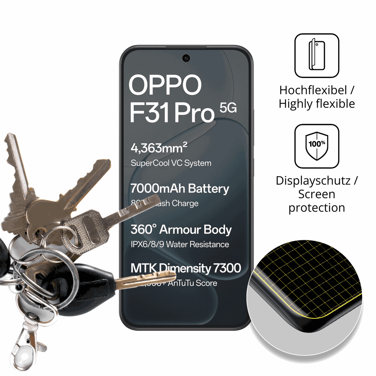 dipos Displayschutz für Oppo F31 Pro, transparente Oberfläche, perfekte Passform auch für die Rundungen
