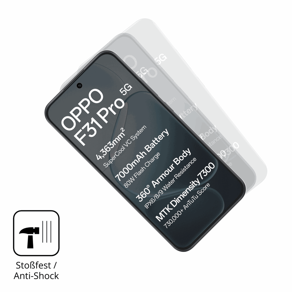 Schutz gegen Kratzer auf dem Oppo F31 Pro Glas durch Schlüssel, Stöße gegen die Tischkante oder Stürze