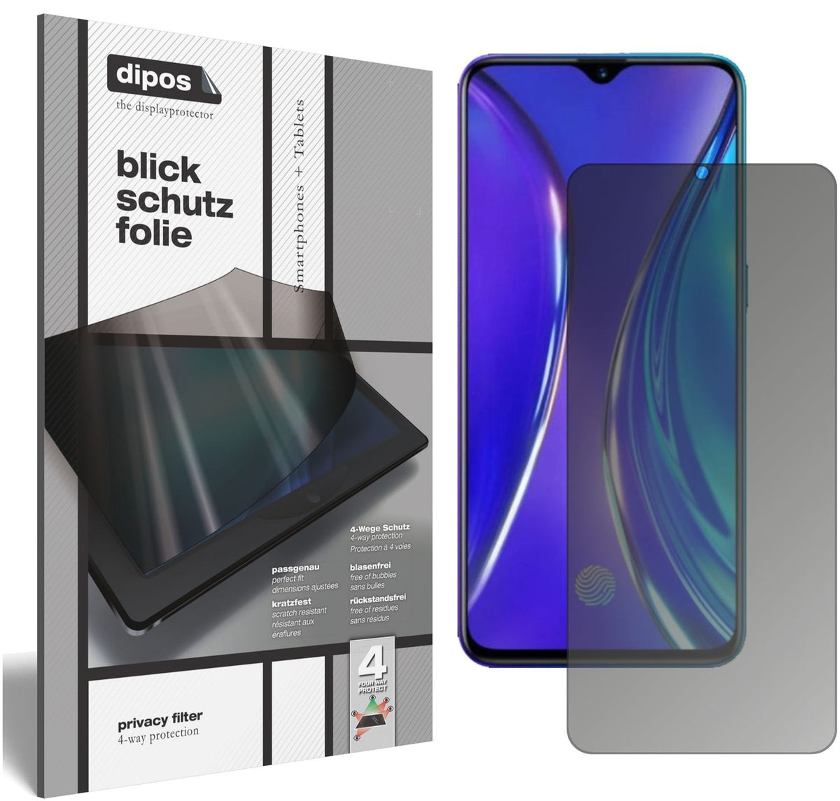 Blickschutzfolie von dipos passend für Oppo Realme X2, präziser Zuschnitt und blasenfrei montiert