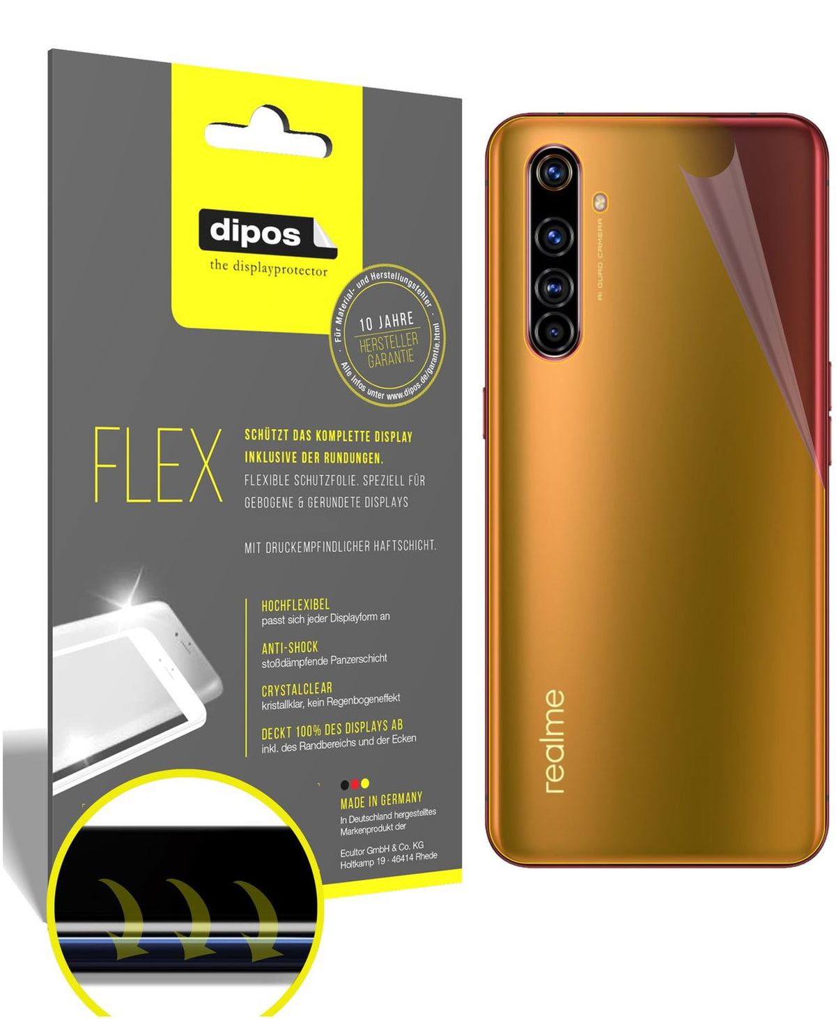 Klare Displayschutzfolie von dipos passend für Oppo Realme X50t 5G Rückseite, 100% Displayabdeckung und blasenfreie Montage