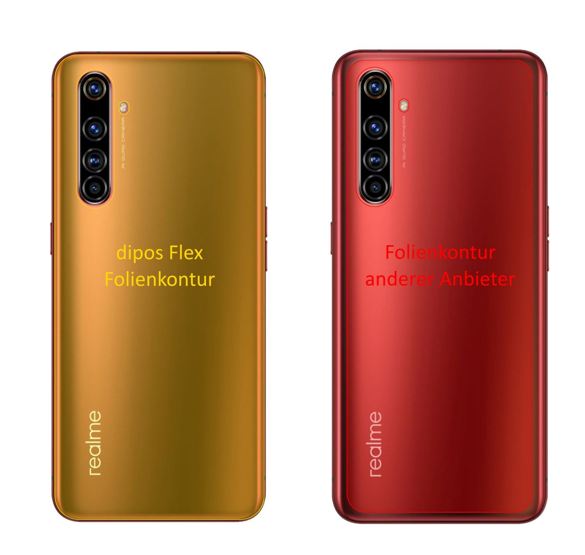 OppoRealme X50t 5G Rückseite mit aufgebrachter dipos Displayschutzfolie, glasklare Darstellung ohne Einschränkungen