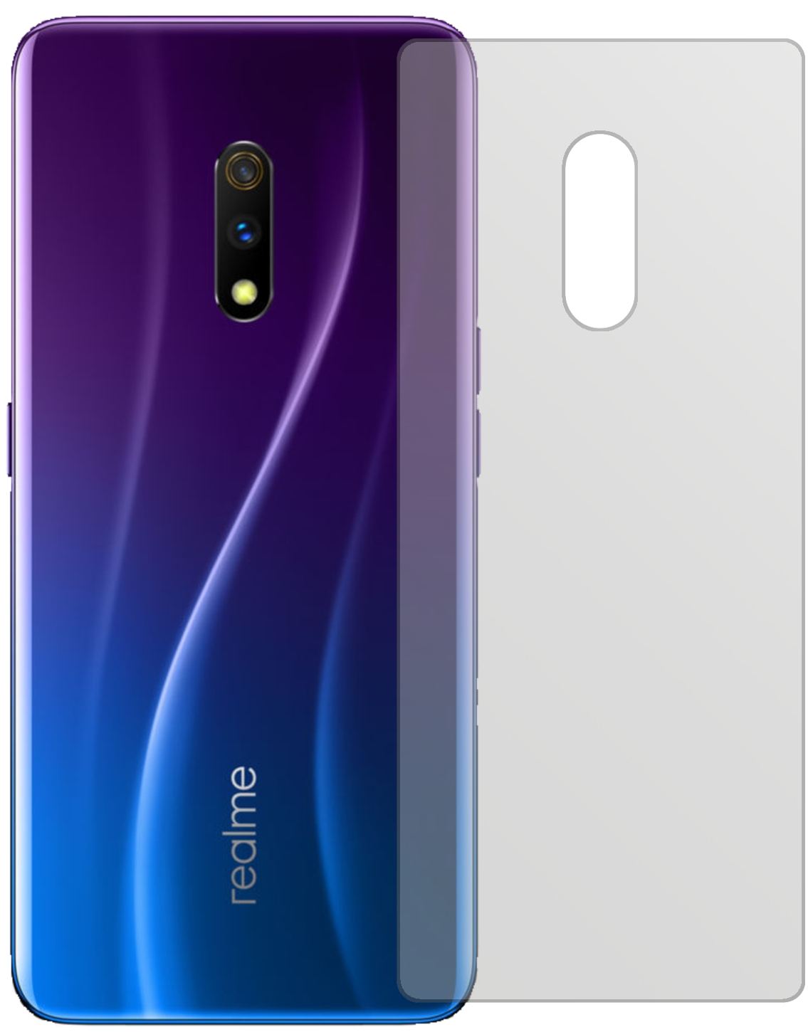 OppoRealme X Master Edition Rückseite mit aufgebrachter dipos Displayschutzfolie, die lästige Fingerabdrücke minimiert
