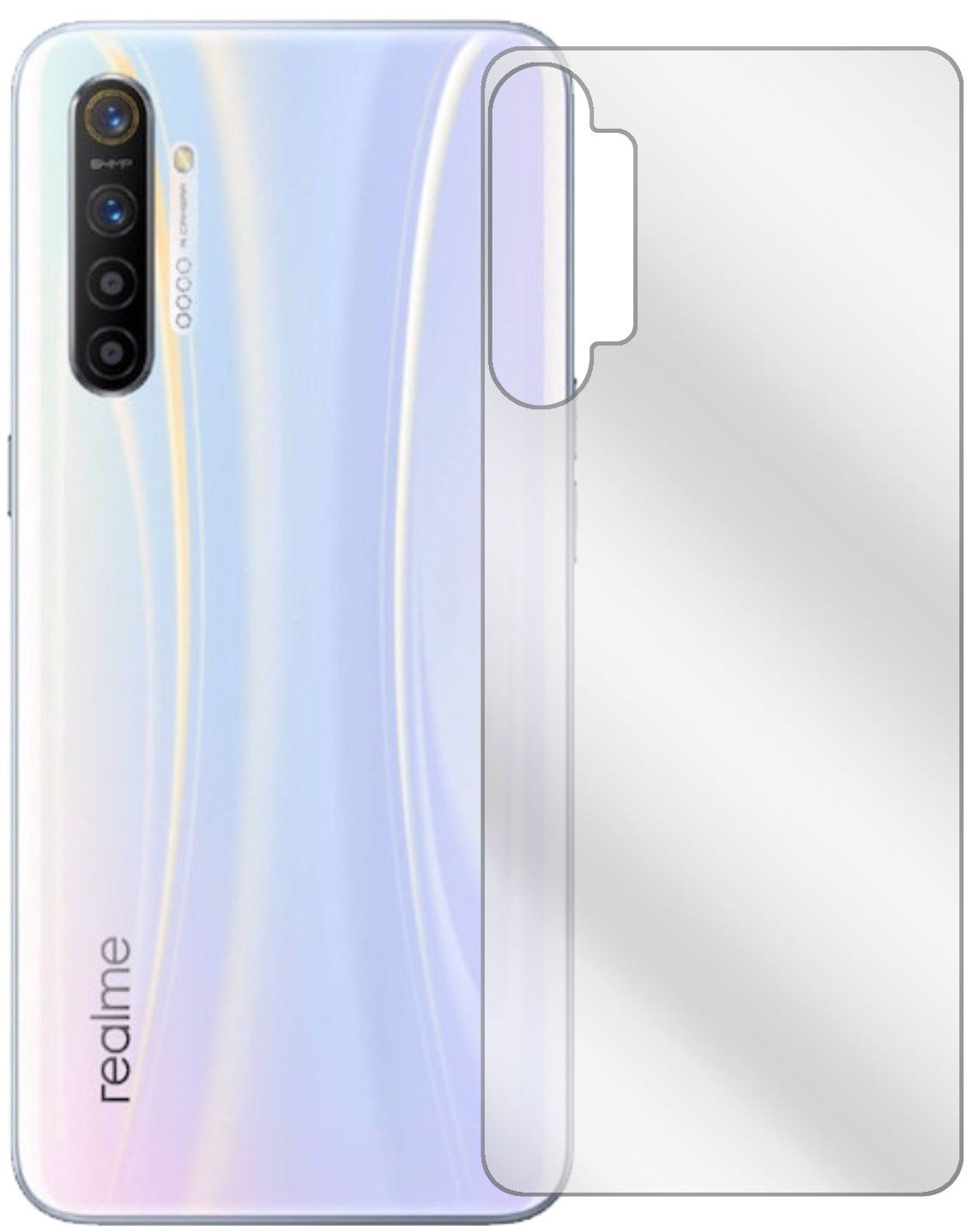 OppoRealme XT Rückseite mit aufgebrachter dipos Displayschutzfolie, glasklare Darstellung ohne Einschränkungen