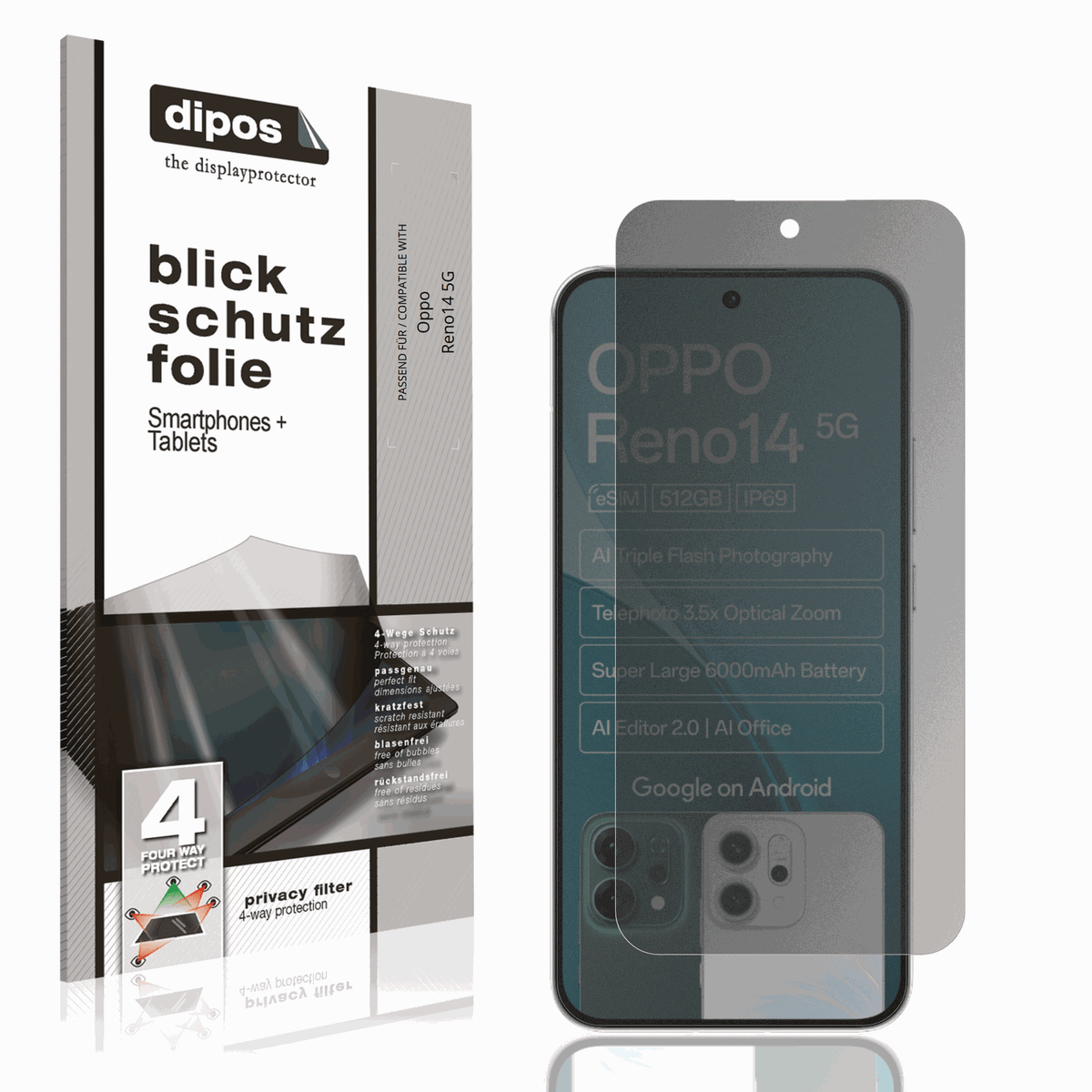 Blickschutzfolie von dipos passend für Oppo Reno14 5G, präziser Zuschnitt und blasenfrei montiert