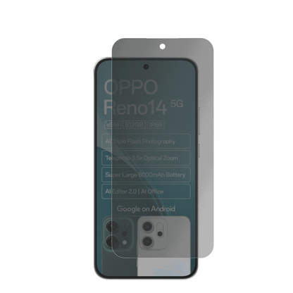 OppoReno14 5G mit aufgebrachtem dipos Displayschutz, der seitliche Einblicke blockiert