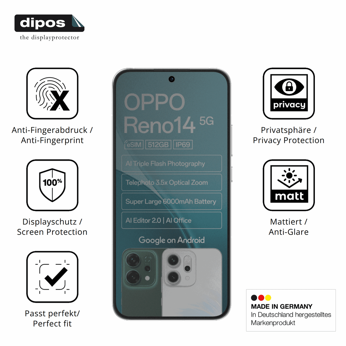 Privatsphäre-Schutz durch Sichtschutz-Folie passend zugeschnitten für Oppo Reno14 5G