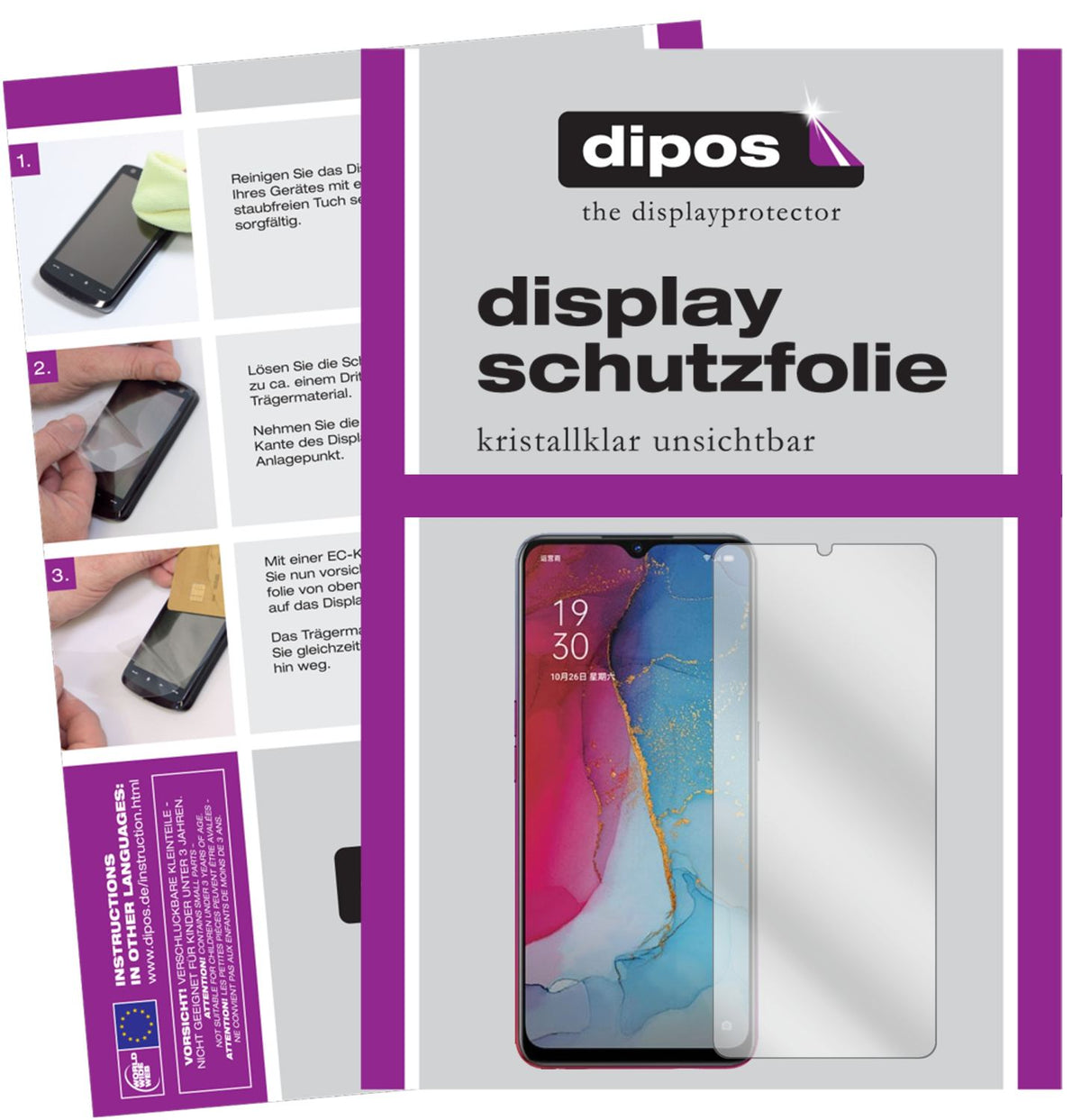 Klare Displayschutzfolie von dipos passend für Oppo Reno3, präziser Zuschnitt und blasenfrei montiert