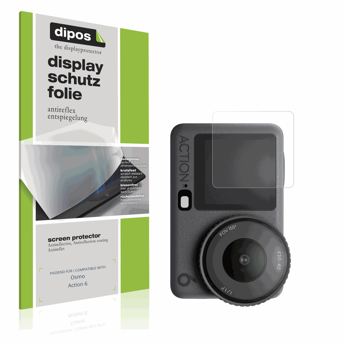 Matte Displayschutzfolie von dipos passend für osmoaction 6, präziser Zuschnitt und blasenfrei montiert