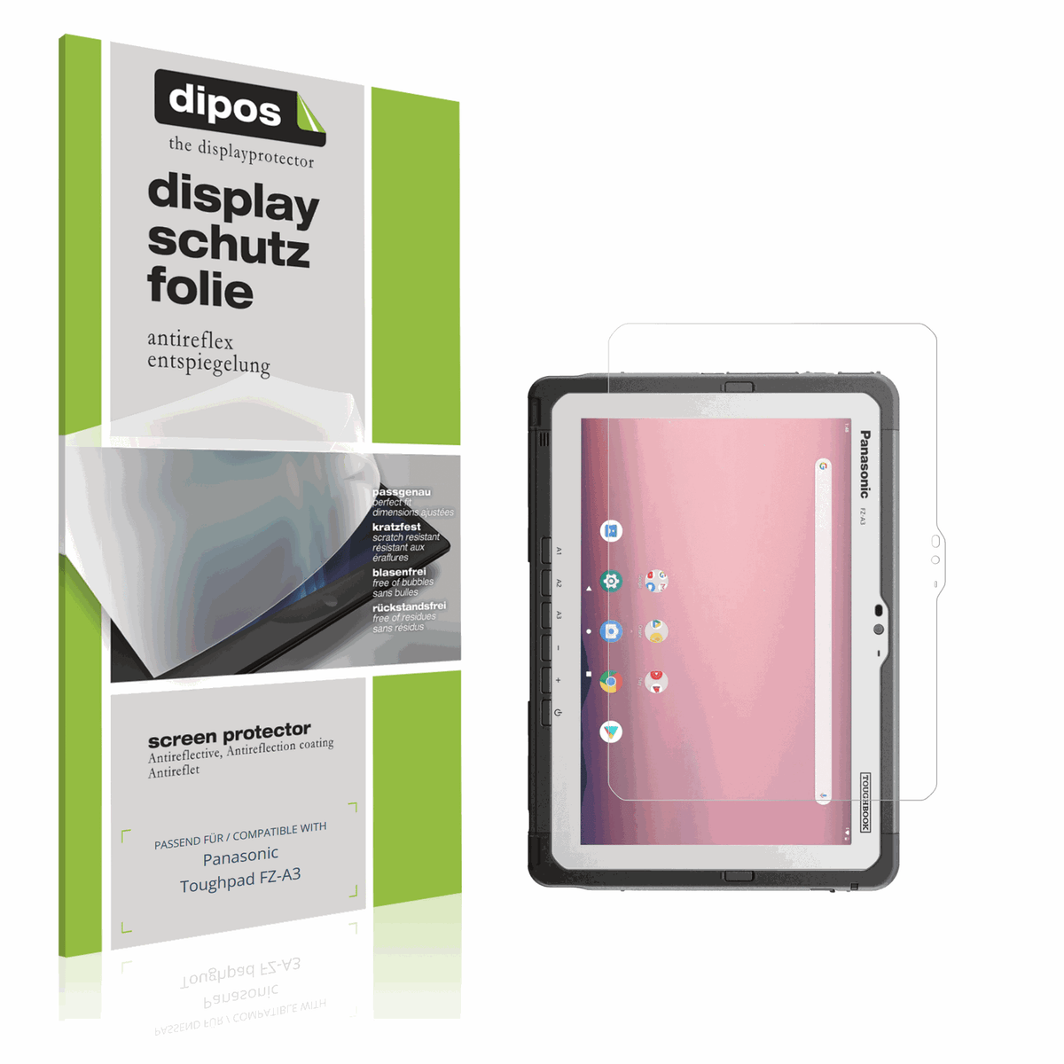 Matte Displayschutzfolie von dipos passend für Panasonic Toughpad FZ-A3, präziser Zuschnitt und blasenfrei montiert