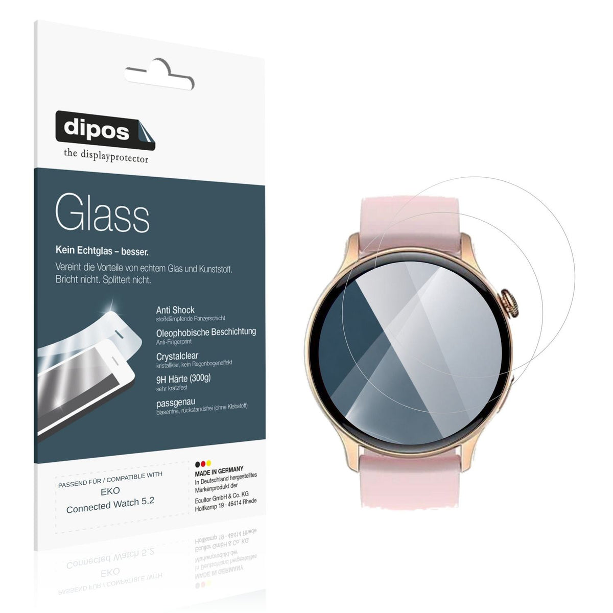 Klare Displayschutzfolie von dipos passend für EKO Connected Watch 5.2, 9H kratzfest und blasenfrei montiert