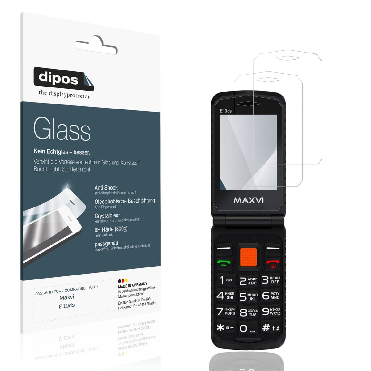 Klare Displayschutzfolie von dipos passend für Maxvi E10ds, 9H kratzfest und blasenfrei montiert