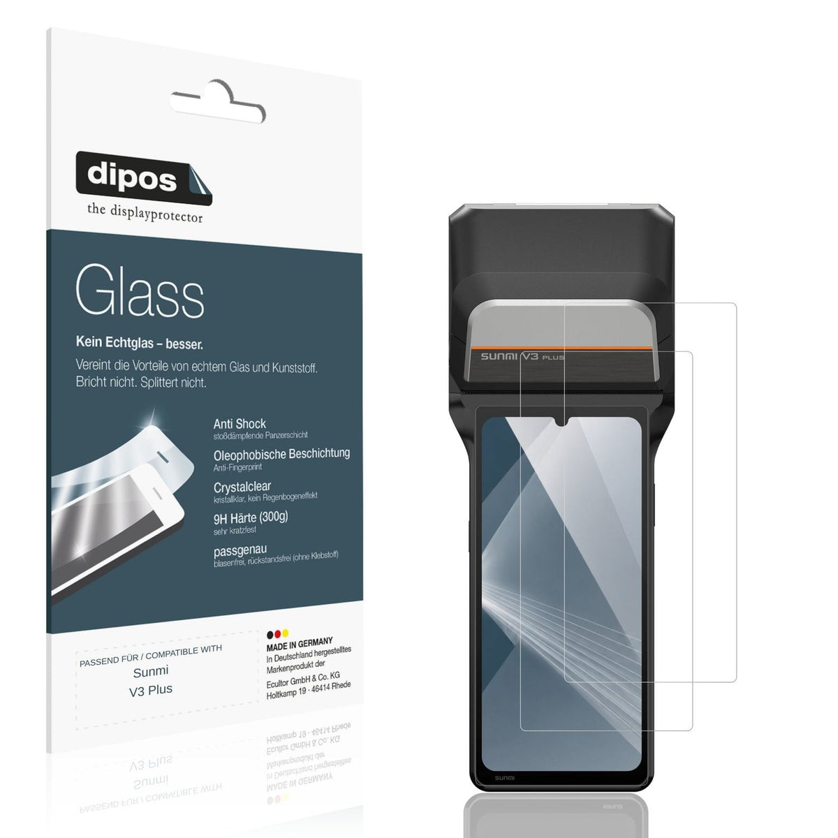 Klare Displayschutzfolie von dipos passend für Sunmi V3 Plus, 9H kratzfest und blasenfrei montiert