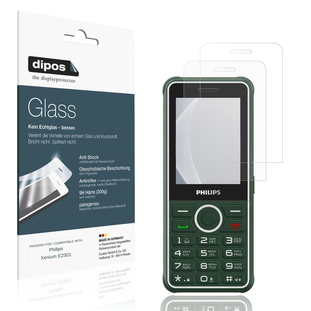 Matte Displayschutzfolie von dipos passend für Philips Xenium E2301, 9H kratzfest und blasenfrei montiert