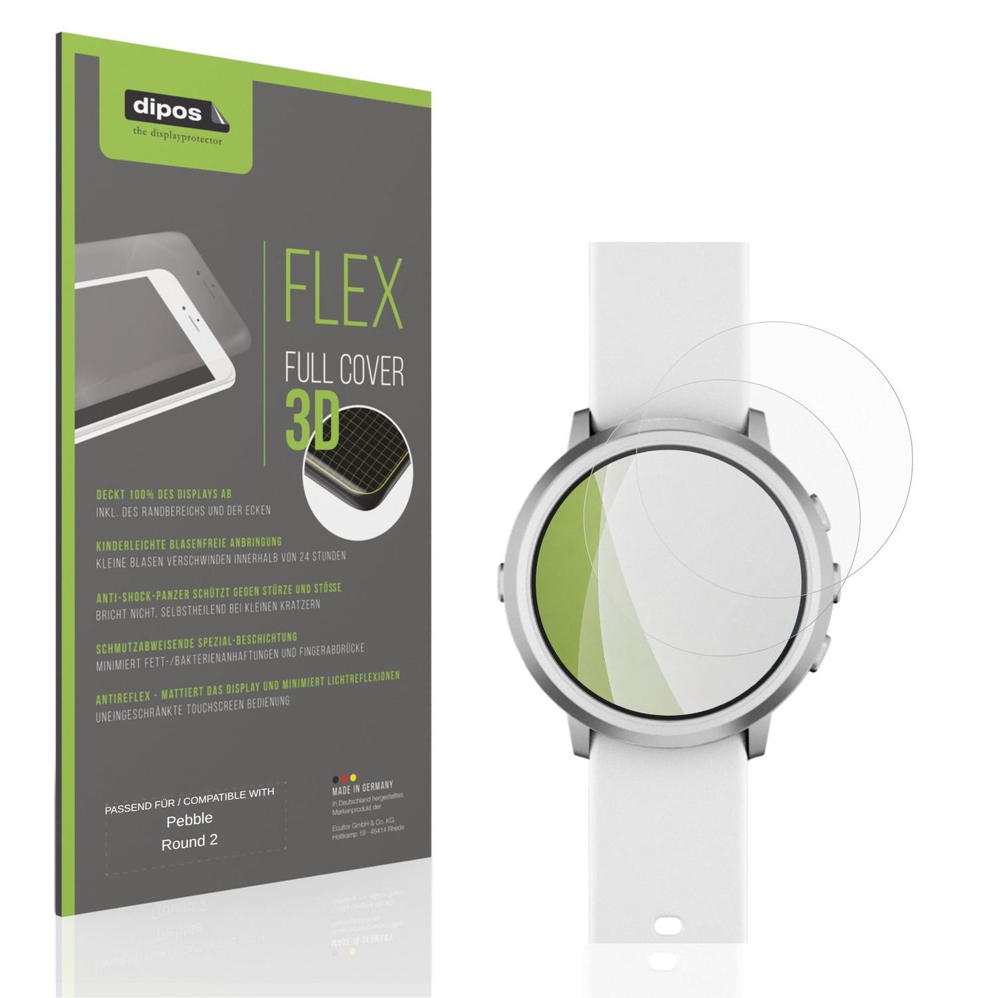 Matte Displayschutzfolie von dipos passend für Pebble Round 2, 100% Displayabdeckung und blasenfreie Montage