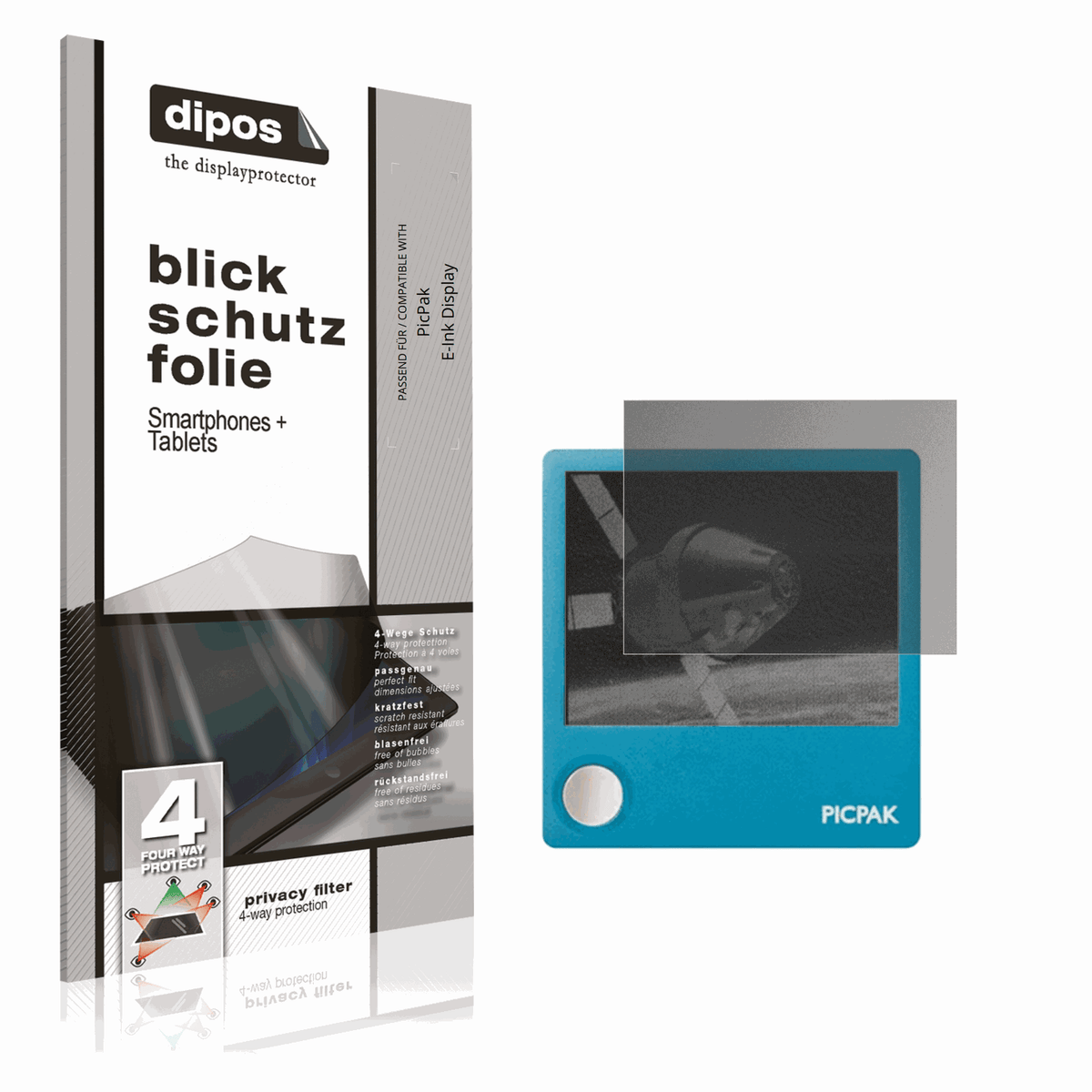 Blickschutzfolie von dipos passend für PicPak E-Ink Display, präziser Zuschnitt und blasenfrei montiert