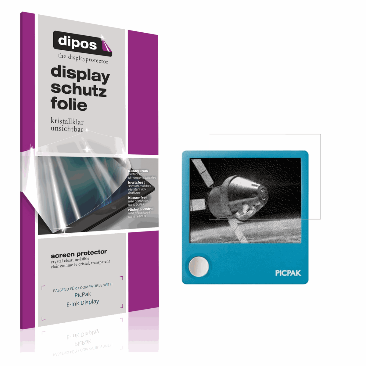 Klare Displayschutzfolie von dipos passend für PicPak E-Ink Display, präziser Zuschnitt und blasenfrei montiert