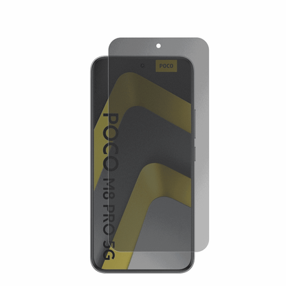 POCOM8 Pro mit aufgebrachter dipos Flex Schutzfolie, die seitliche Einblicke blockiert