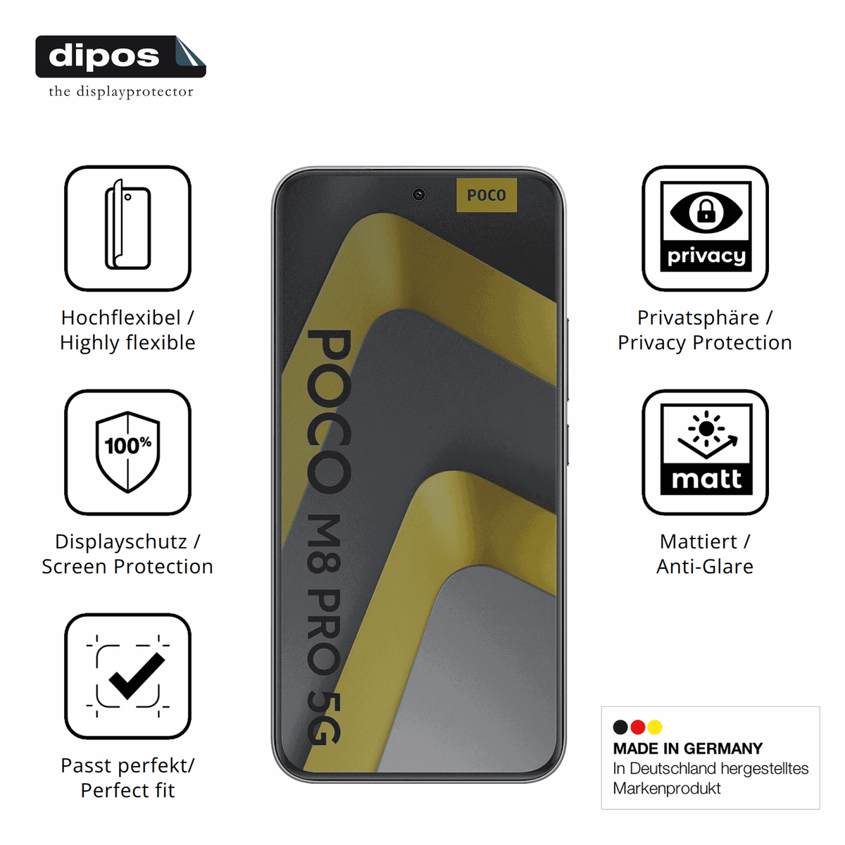 Flexible TPU-Folie passend zugeschnitten für POCO M8 Pro, mit Privatsphäre-Schutz durch Sichtschutz-Folie