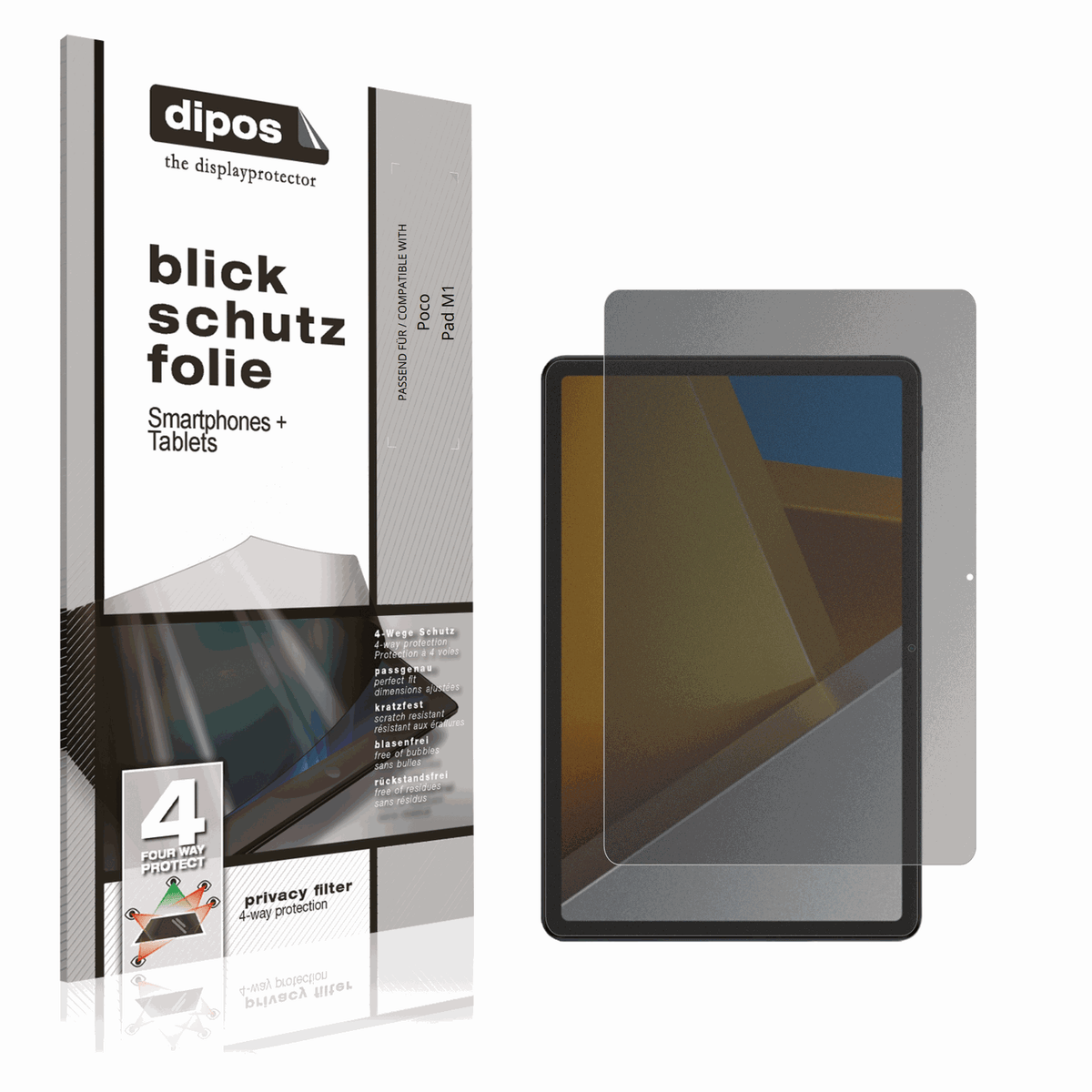 Blickschutzfolie von dipos passend für Poco Pad M1, präziser Zuschnitt und blasenfrei montiert