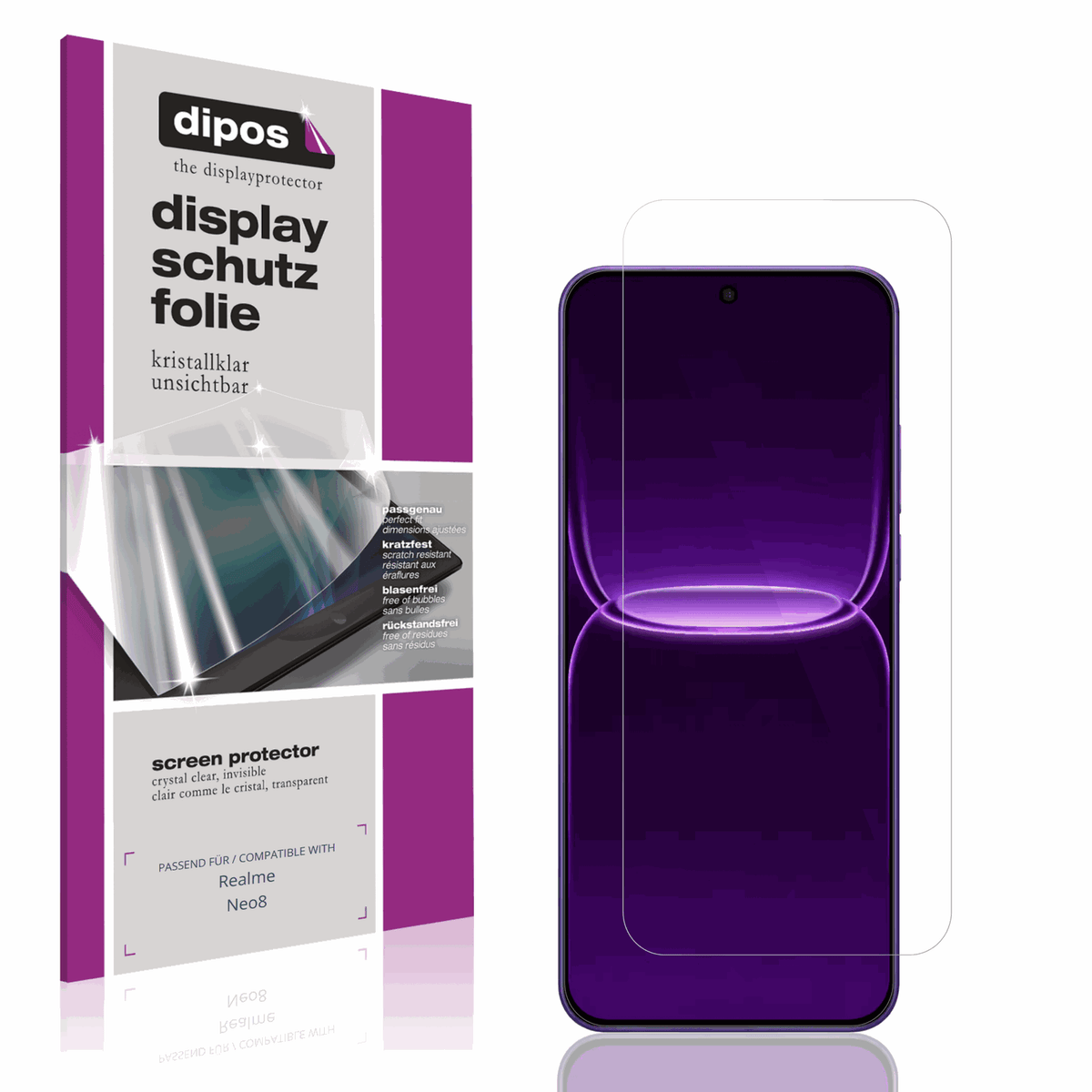 Klare Displayschutzfolie von dipos passend für Realme Neo8, präziser Zuschnitt und blasenfrei montiert