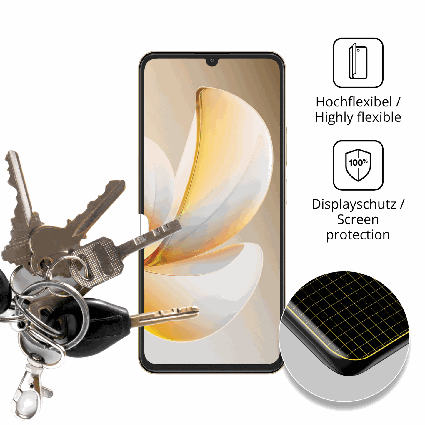 dipos Displayschutz für Realme Note 70, transparente Oberfläche, perfekte Passform auch für die Rundungen